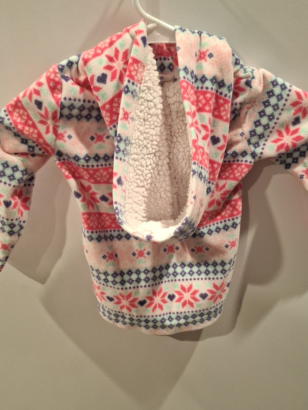 Toddler Hooded Fleece Pullover in Cream with Pink & Blue Snowflake Print - Picture 3 of 3